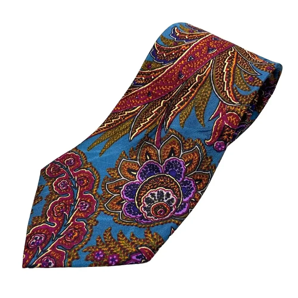 Vintage Burberry Paisley Blue Brown 100 Silk Han Sewn In USA Neck Tie